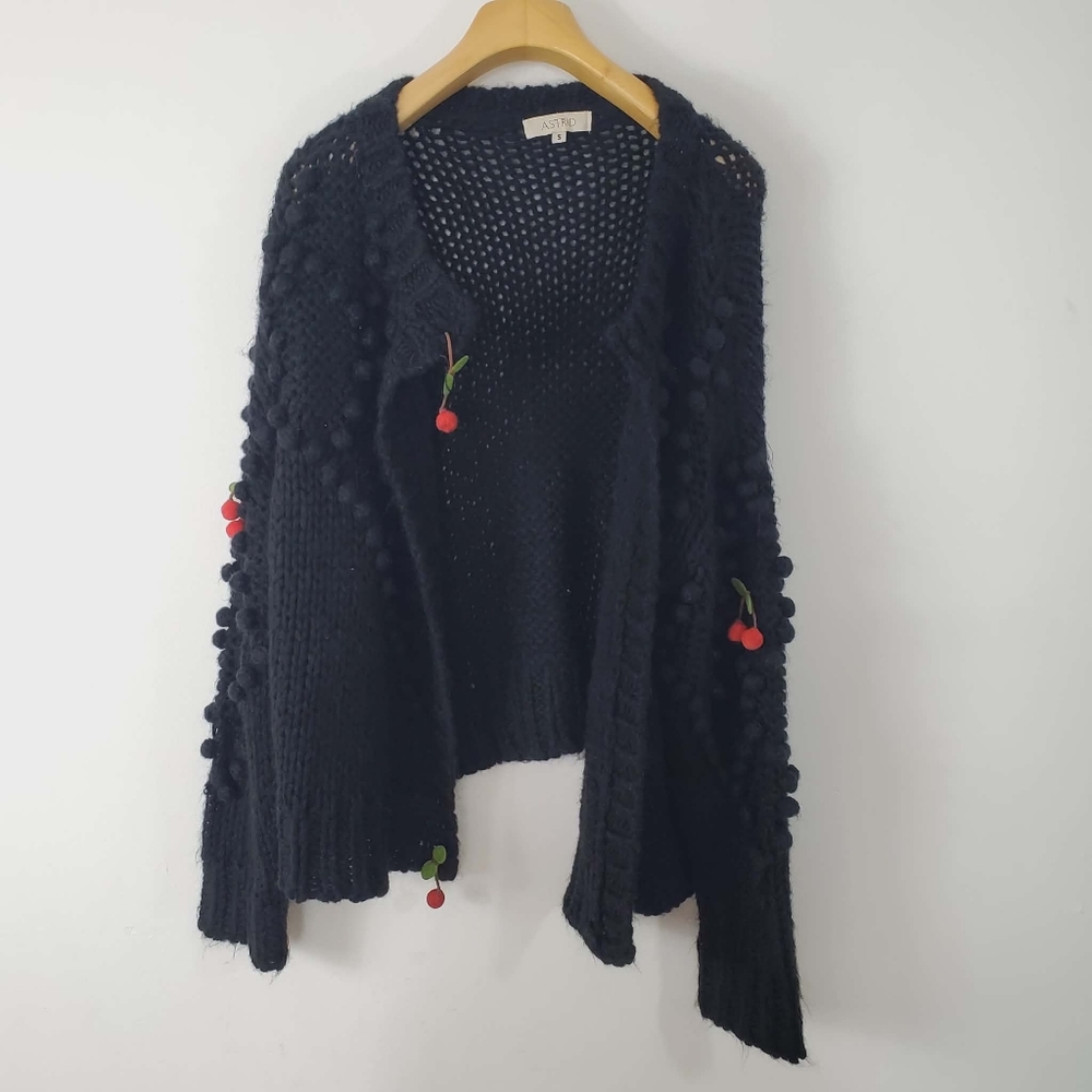 Astrid Chunky Knit Cardigan Black Sweater with Pom-Pom Details sz S
